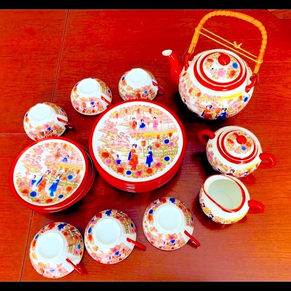 23 piece Japanese Eggshell Porcelain Tea Set cups saucers plates teapot creamer - Picture 8 of 12